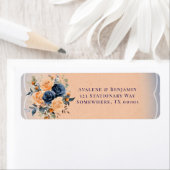 Navy Blue Peach Paint Bloemen Trouwadres Etiket (Insitu)