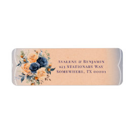 Navy Blue Peach Paint Bloemen Trouwadres Etiket
