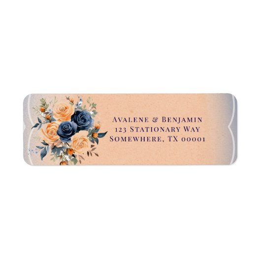 Navy Blue Peach Paint Bloemen Trouwadres Etiket (Voorkant)