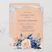 Navy Blue Peach Painted Florals Engagement Party Kaart (Voorkant / Achterkant)