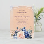 Navy Blue Peach Painted Florals Engagement Party Kaart (Staand voorkant)
