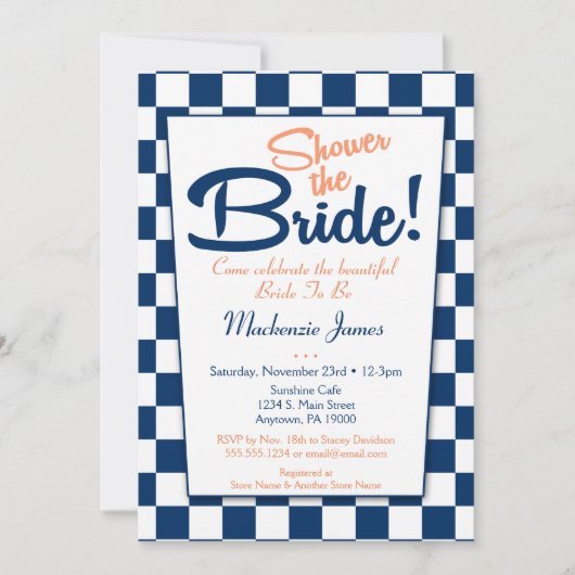 Navy Blue Peach Retro 50s Bridal Shower Invitation Kaart (Voorkant)