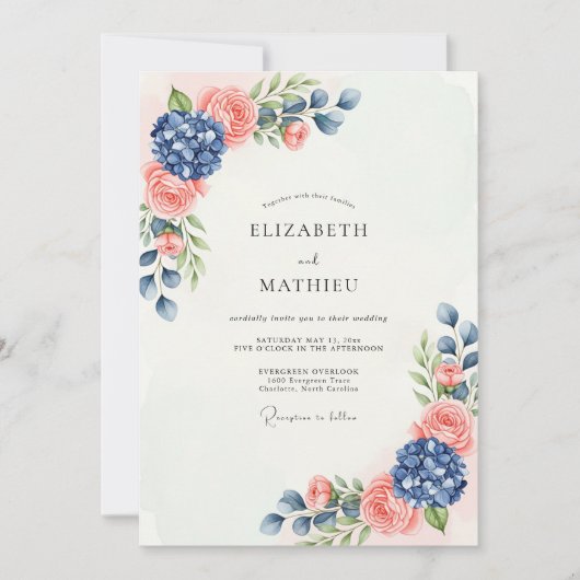 Navy Blue Peach Sublime Botanical Wedding Kaart (Voorkant)