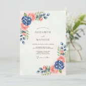 Navy Blue Peach Sublime Botanical Wedding Kaart (Staand voorkant)