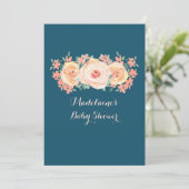Navy Blue Peach Waterverf Floral Baby shower Kaart (Staand voorkant)