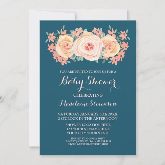 Navy Blue Peach Waterverf Floral Baby shower Kaart (Achterkant)