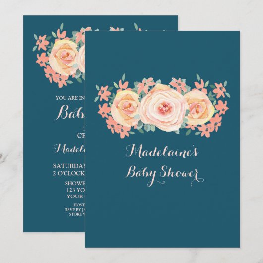 Navy Blue Peach Waterverf Floral Baby shower Kaart (Voorkant / Achterkant)