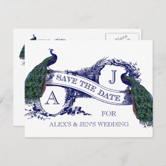 Navy Blue Peacock Bewaar de datum Aankondigingskaart (Voorkant / Achterkant)