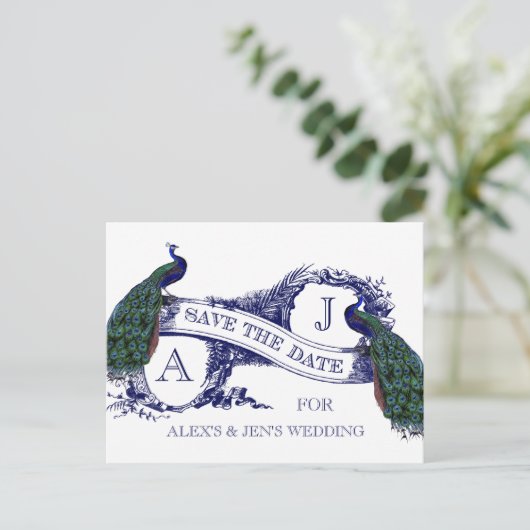 Navy Blue Peacock Bewaar de datum Aankondigingskaart (Staand voorkant)