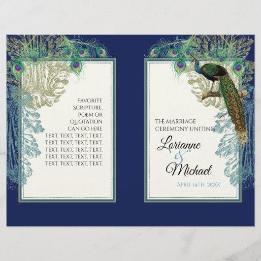 Navy Blue  Peacock Feather Wedding Programme (Voorkant)
