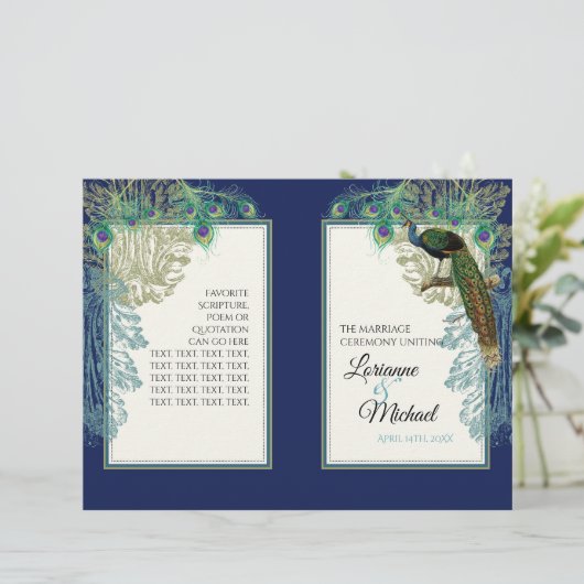 Navy Blue  Peacock Feather Wedding Programme (Staand voorkant)