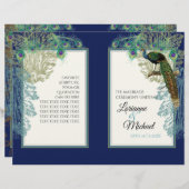 Navy Blue  Peacock Feather Wedding Programme (Voorkant / Achterkant)