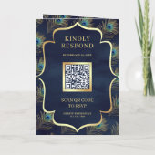 Navy Blue Peacock Feathers QR Code Bruiloft (Achterkant)