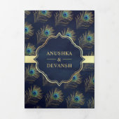 Navy Blue Peacock Feathers QR Code Bruiloft Drieluik Uitnodiging (Cover)