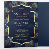 Navy Blue Peacock Feathers QR Code Bruiloft Drieluik Uitnodiging (Binnenzijde eerst)