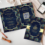 Navy Blue Peacock Feathers QR Code Moslim Bruiloft<br><div class="desc">Verras uw gasten met deze elegante islamitische thema gevouwen bruiloft uitnodiging met een mooi patroon en 'Bismillah' in Arabische kalligrafie met QR Code voor online RSVP. Voeg eenvoudig uw evenementgegevens toe aan deze gebruiksvriendelijke sjabloon om er een unieke uitnodiging van te maken.</div>