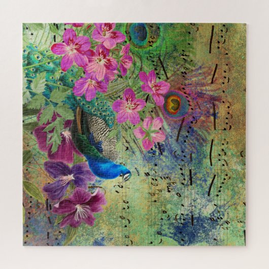 Navy Blue Peacock Pink Flowers Musical Notes Legpuzzel (Horizontaal)