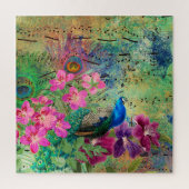 Navy Blue Peacock Pink Flowers Musical Notes Legpuzzel (Verticaal)