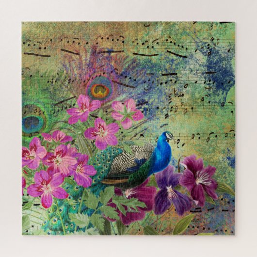 Navy Blue Peacock Pink Flowers Musical Notes Legpuzzel (Verticaal)