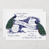 Navy Blue Peacocks Vintage Wedding Kaart (Voorkant / Achterkant)