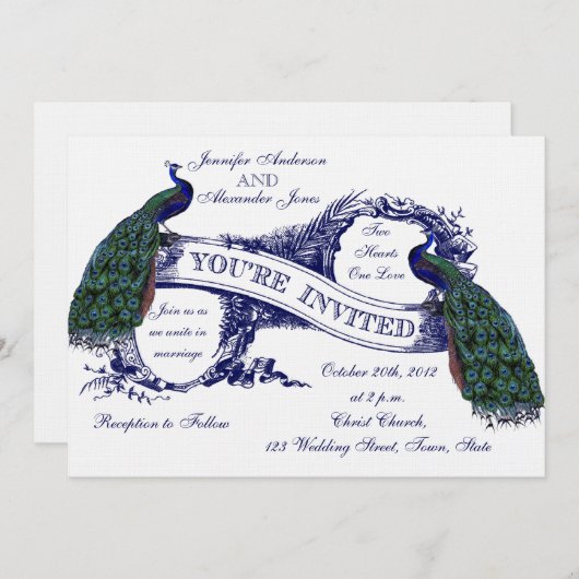 Navy Blue Peacocks Vintage Wedding Kaart (Voorkant / Achterkant)
