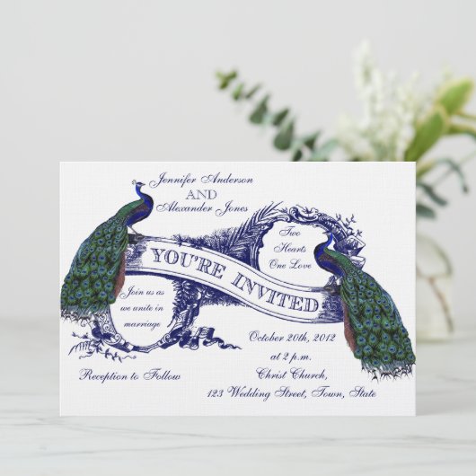 Navy Blue Peacocks Vintage Wedding Kaart (Staand voorkant)