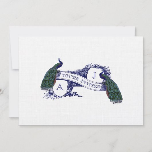 Navy Blue Peacocks Vintage Wedding Kaart (Achterkant)