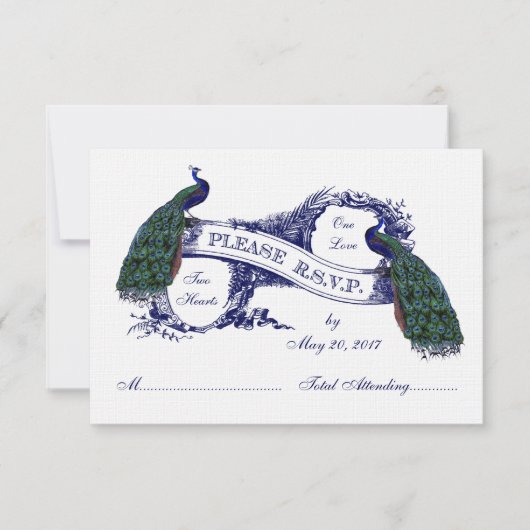 Navy Blue Peacocks Vintage Wedding RSVP (Voorkant)