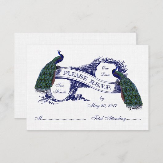 Navy Blue Peacocks Vintage Wedding RSVP (Voorkant / Achterkant)