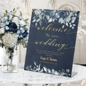 Navy Blue Peonies Gold Calligraphy Welcome Weddens Reclamebord Met Voetstuk