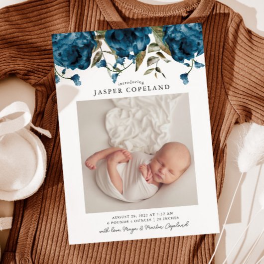 Navy Blue Peony Baby Foto Geboorte Aankondiging