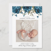 Navy Blue Peony Baby Foto Geboorte Aankondiging (Voorkant)