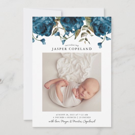 Navy Blue Peony Baby Foto Geboorte Aankondiging (Voorkant)