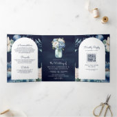 Navy Blue Peony Mason Jar QR Code Weddenschap Drieluik Uitnodiging (Binnen)