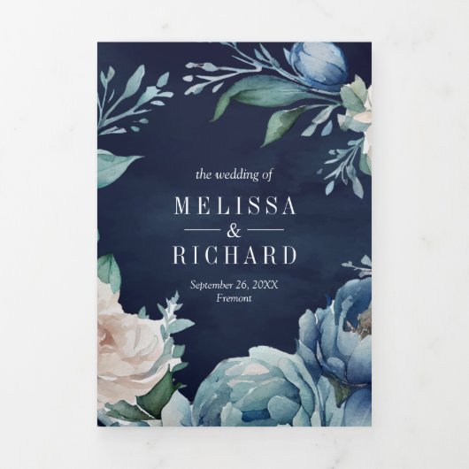 Navy Blue Peony Mason Jar QR Code Weddenschap Drieluik Uitnodiging (Cover)