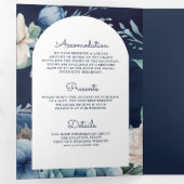 Navy Blue Peony Mason Jar QR Code Weddenschap Drieluik Uitnodiging (Binnenzijde eerst)