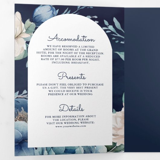 Navy Blue Peony Mason Jar QR Code Weddenschap Drieluik Uitnodiging (Binnenzijde eerst)