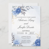 Navy blue peony rose wedding invitation, boda (Voorkant)