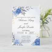 Navy blue peony rose wedding invitation, boda (Staand voorkant)