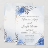 Navy blue peony rose wedding invitation, boda (Voorkant / Achterkant)