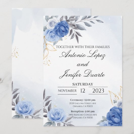 Navy blue peony rose wedding invitation, boda (Voorkant / Achterkant)