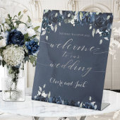 Navy Blue Peony Silver Calligraphy Welcome Wedding Reclamebord Met Voetstuk