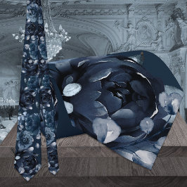Navy Blue Peony Silver Eucalyptus Garden Weddensch Stropdas