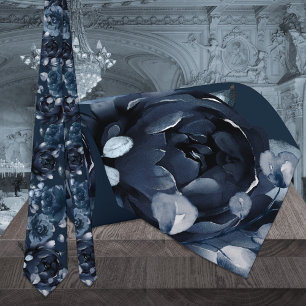 Navy Blue Peony Silver Eucalyptus Garden Weddensch Stropdas