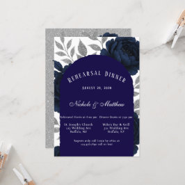 Navy Blue Peony & Silver Leaves repetitie diner Kaart