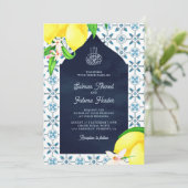 Navy Blue Persian Mosaic Lemon Islamic Weddenschap Kaart (Staand voorkant)