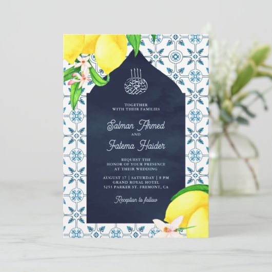 Navy Blue Persian Mosaic Lemon Islamic Weddenschap Kaart (Staand voorkant)