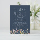 Navy Blue Petals & Prosecco Vrijgezellenfeest Kaart (Staand voorkant)
