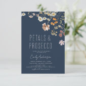 Navy Blue Petals & Prosecco Vrijgezellenfeest Kaart (Staand voorkant)