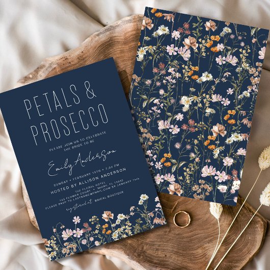 Navy Blue Petals & Prosecco Vrijgezellenfeest Kaart